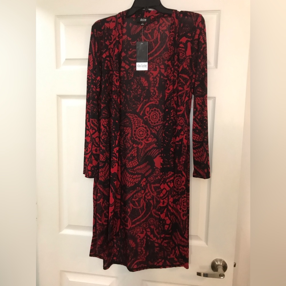 Long Sleeve Sheer Duster, Black and Red Lace Print